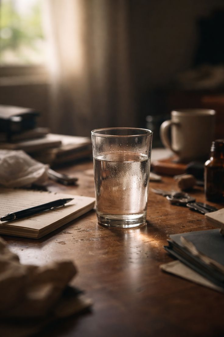 A clear glass of water resting on a tidy wooden desk beside a notebook